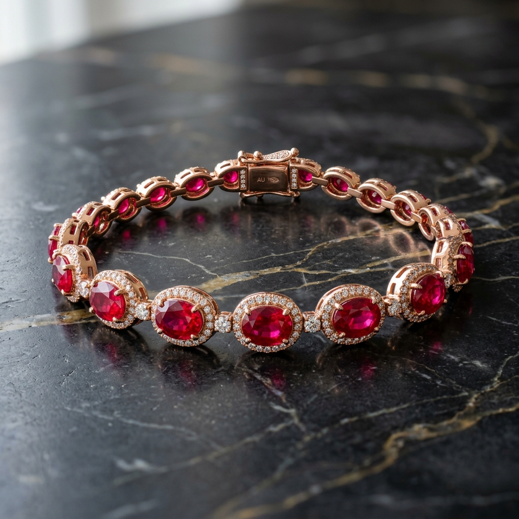 Lắc Tay Vàng Hồng 14K Đính Ruby